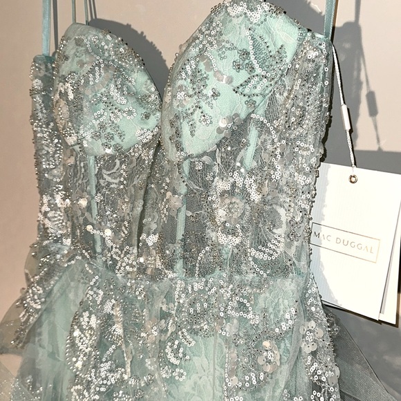 Mac Duggal Spaghetti Strap Applique Tiered Ruffle Gown in Mint - Picture 6 of 10